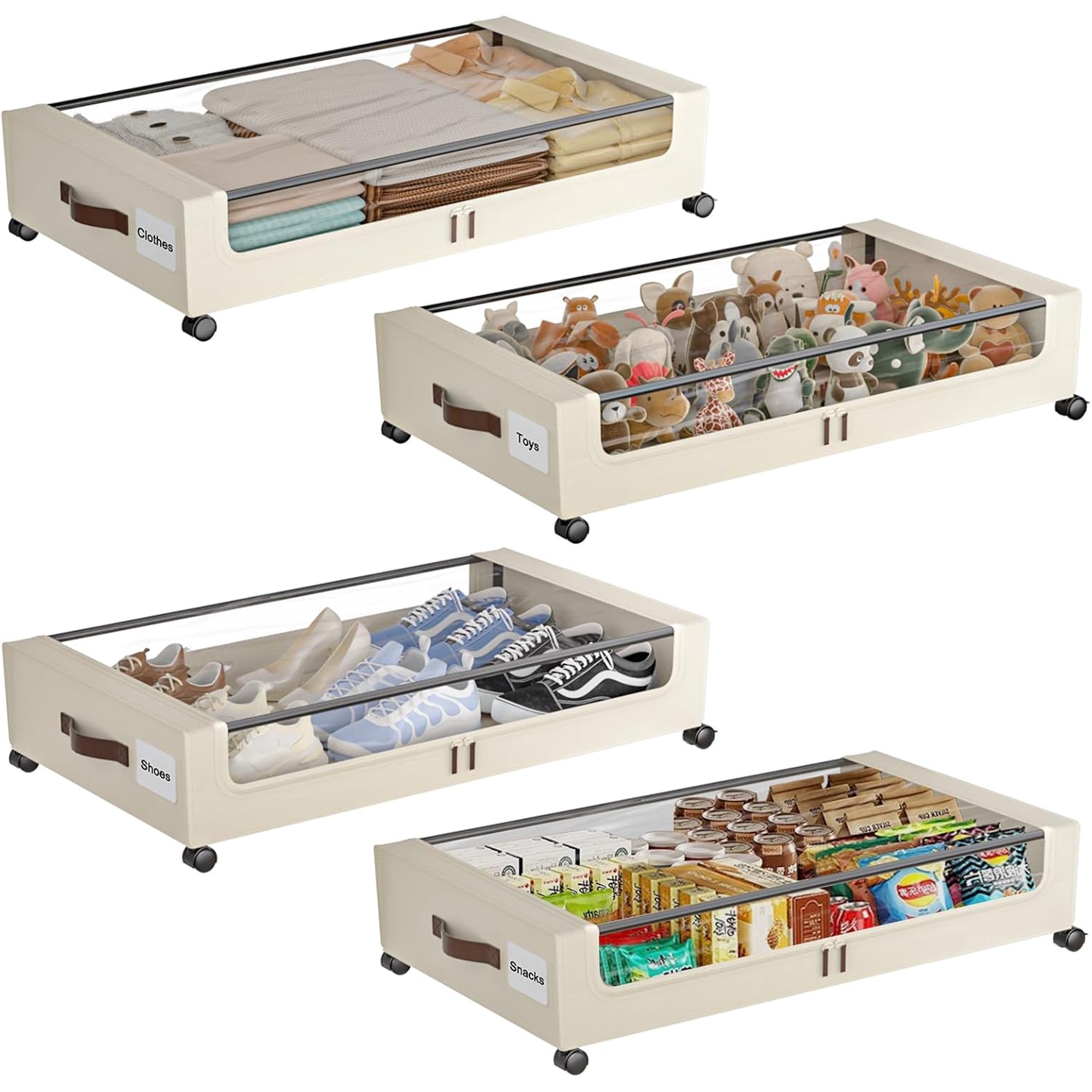 Under Bed Storage with Wheels, 4 Pack Under Bed Storage Containers with Clear Lids, XXL 60L Under-Bed Organizers for Clothes