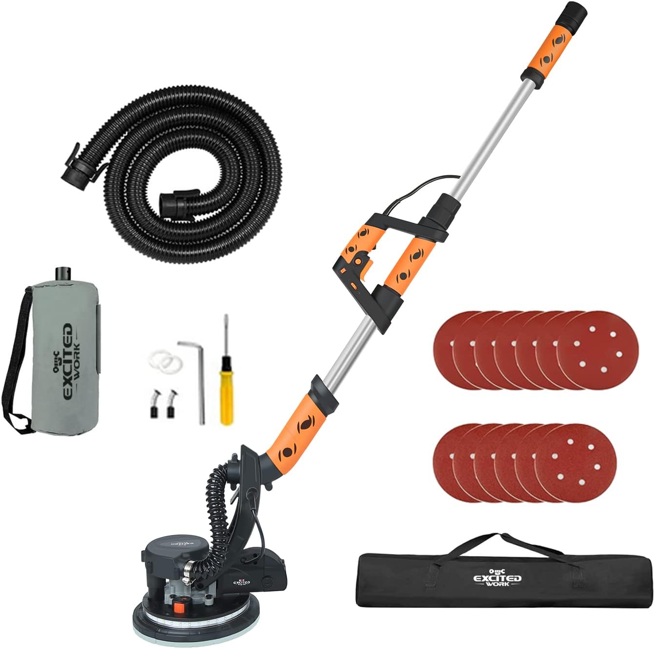 Excited Work Drywall Sander,6.5A Electric Sander with Vacuum Attachment, 13 Sanding Discs, LED and 500 to 1800(R/MIN) Variable Speed