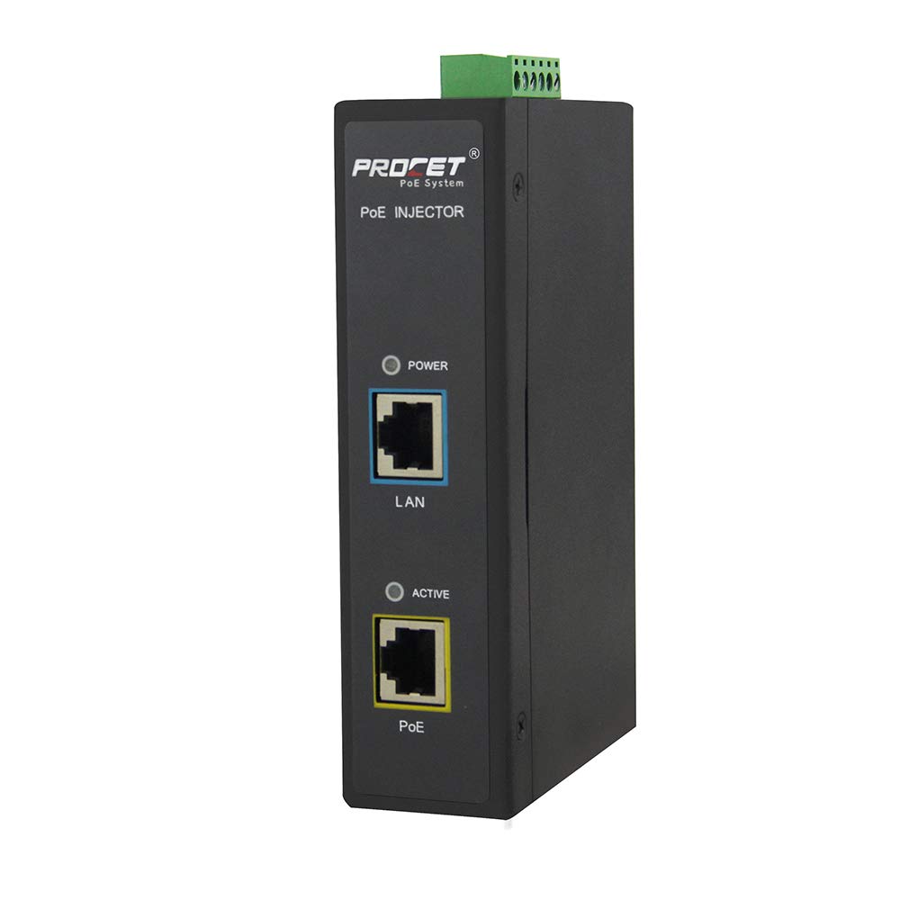 Procet Industrial Gigabit DIN Rail 12~55V DC Input High Power Over Ethernet PoE Injector Adapter 95W 55V with Wide Temperature and 6KV Surge