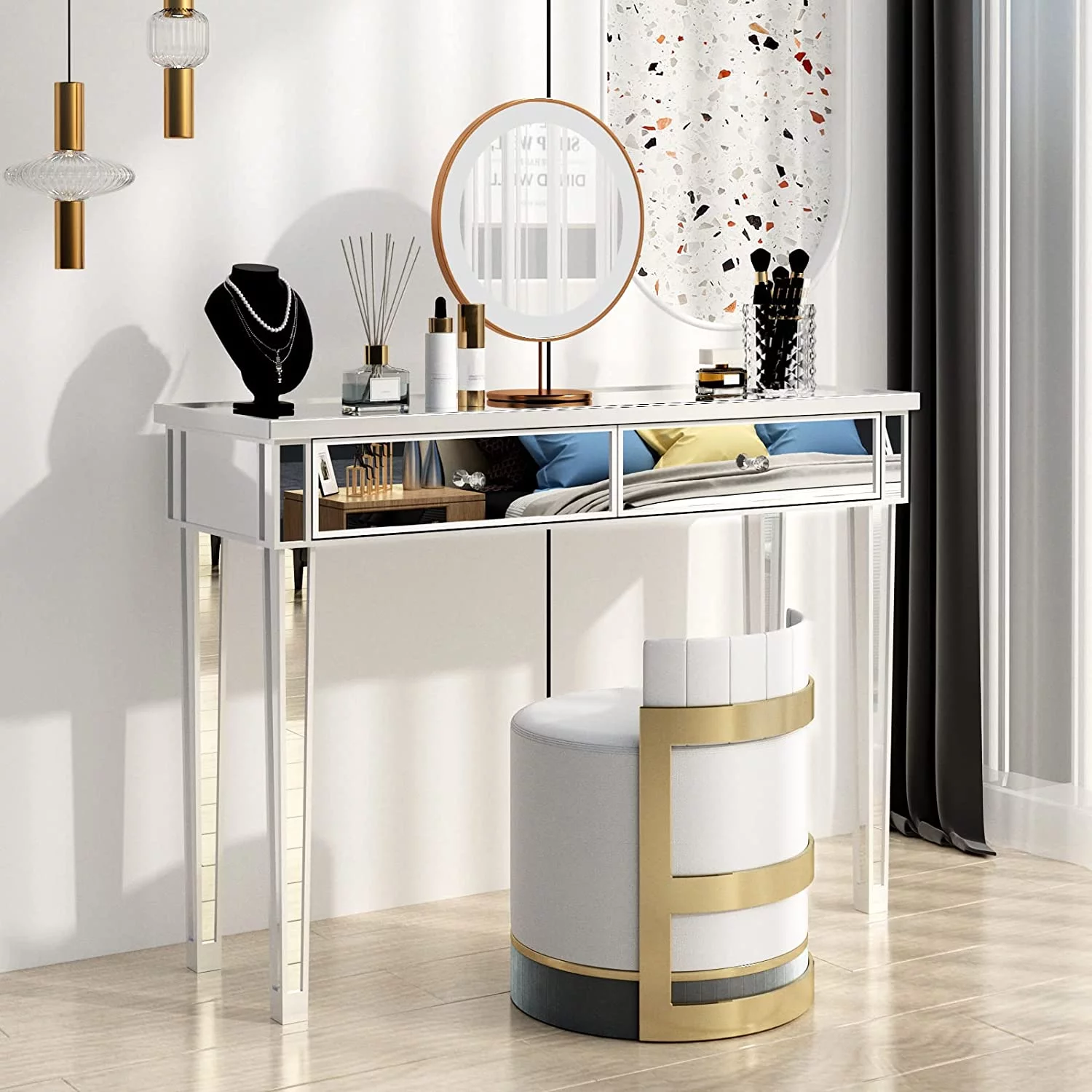 VINGLI Mirrored Console Table with 2 Drawers Mirrored Desk for Entryway Silver Vanity Table for Bedroom Modern Sofa Table