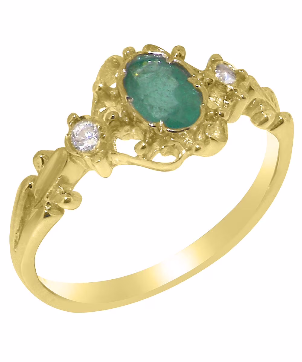 LBG British Made 9k Yellow Gold Natural Emerald & Diamond Womens Engagement Ring - 33 size options - Size 8.5