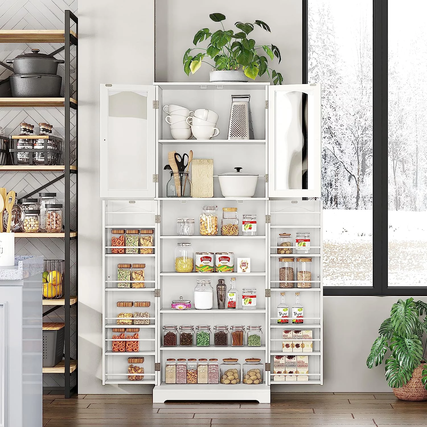 HOMEFORT 64" Kitchen Pantry Cabinet, Modern Tall Cabinet with MDF board and Adjustable Shelves