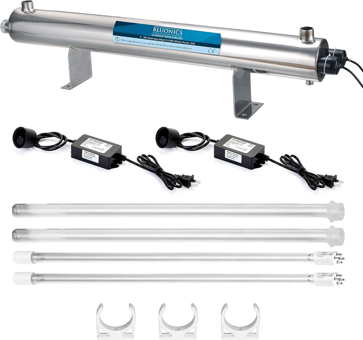 Bluonics 110W Ultraviolet Light UV Water Sterilizer with 3 Extra Replacement Bulbs for Whole House and Commercial Water Purification High Flow 24GPM