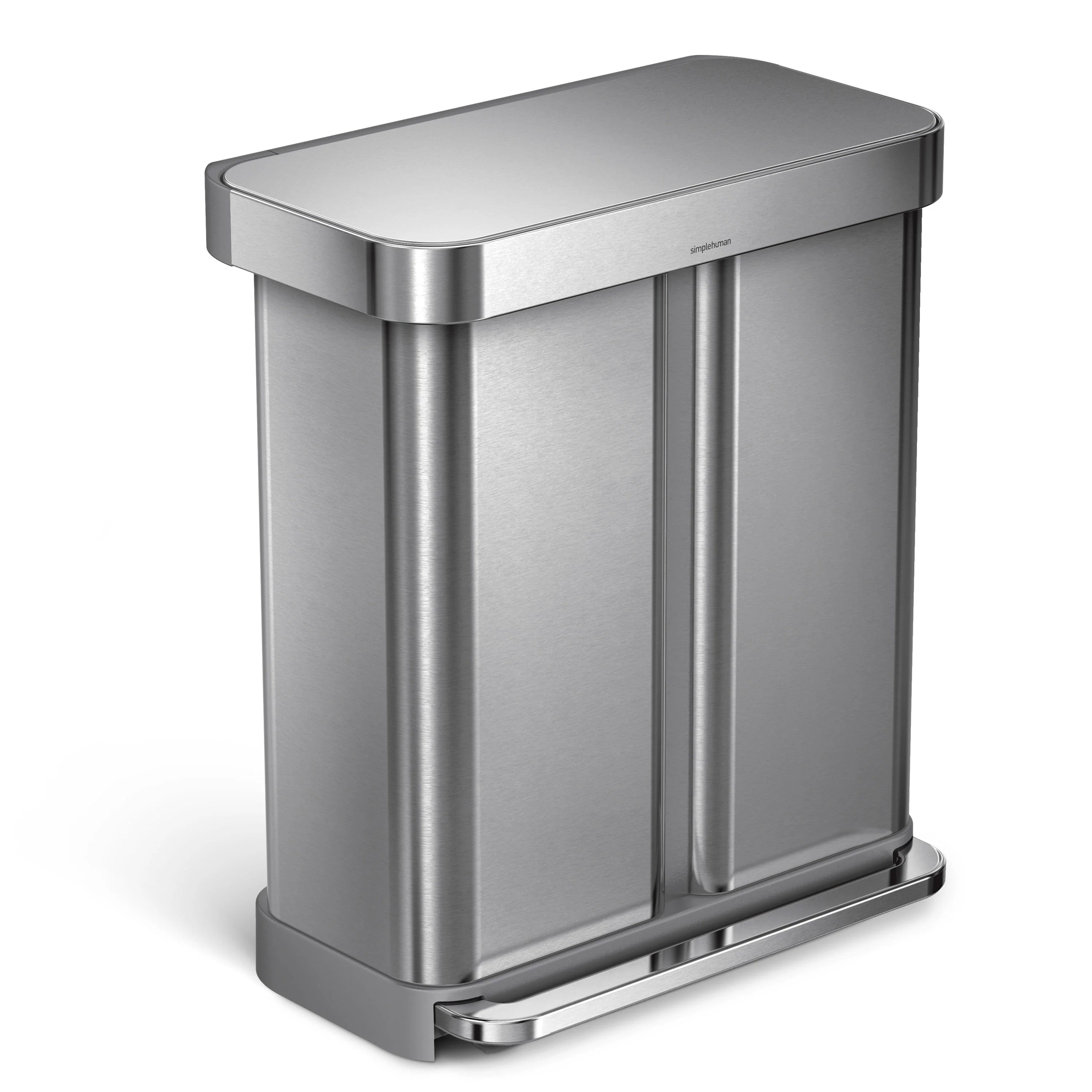 simplehuman 58 Liter / 15.3 gal Stainless Steel Dual Compartment Recycler Kitchen Step Trash Can, Brushed Stainless Steel - Radiant Selections