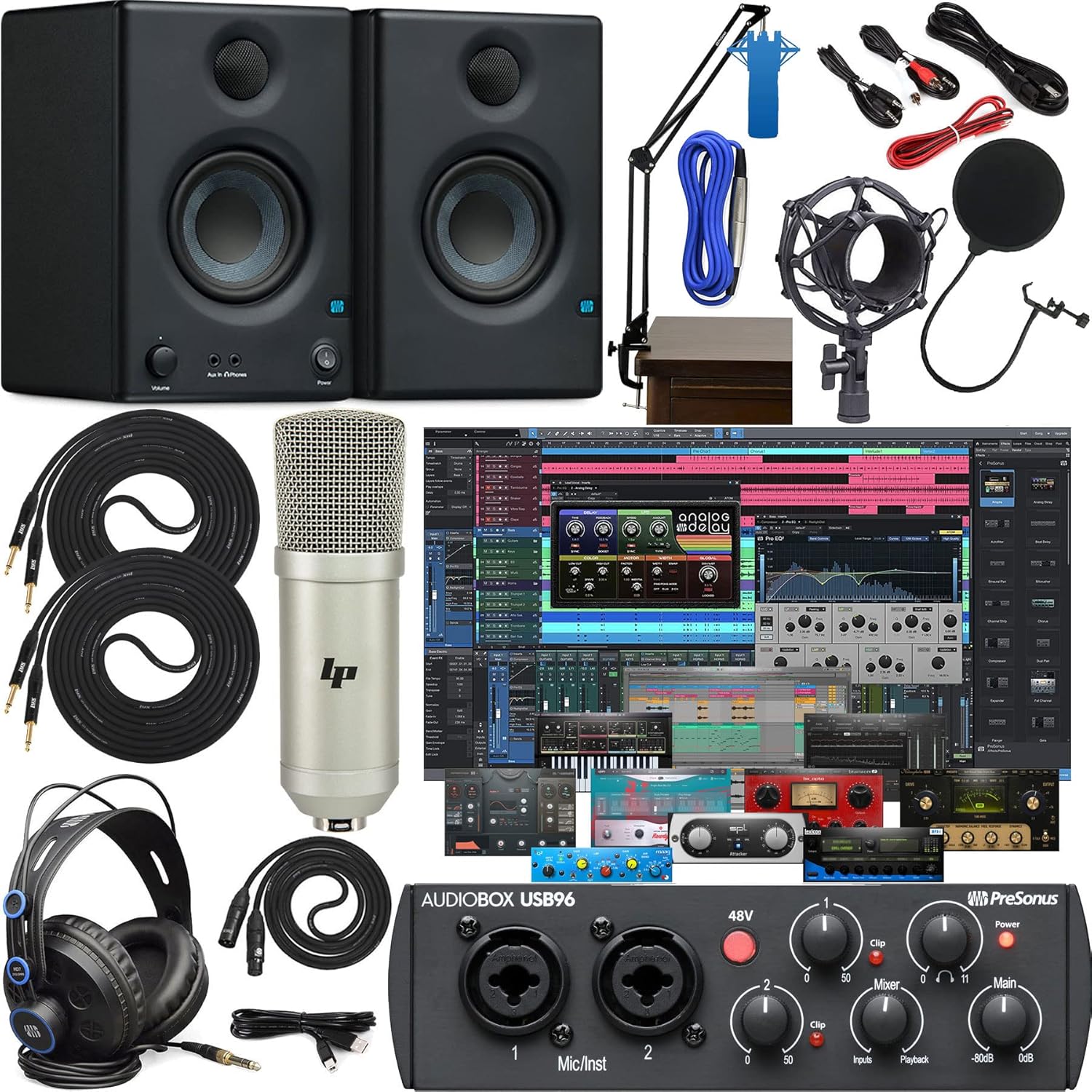 Presonus AudioBox 96 Studio Audio Interface with Creative Software Kit and Studio Bundle and Eris E3.5 Pair Studio Monitors and Adjustable Boom Arm