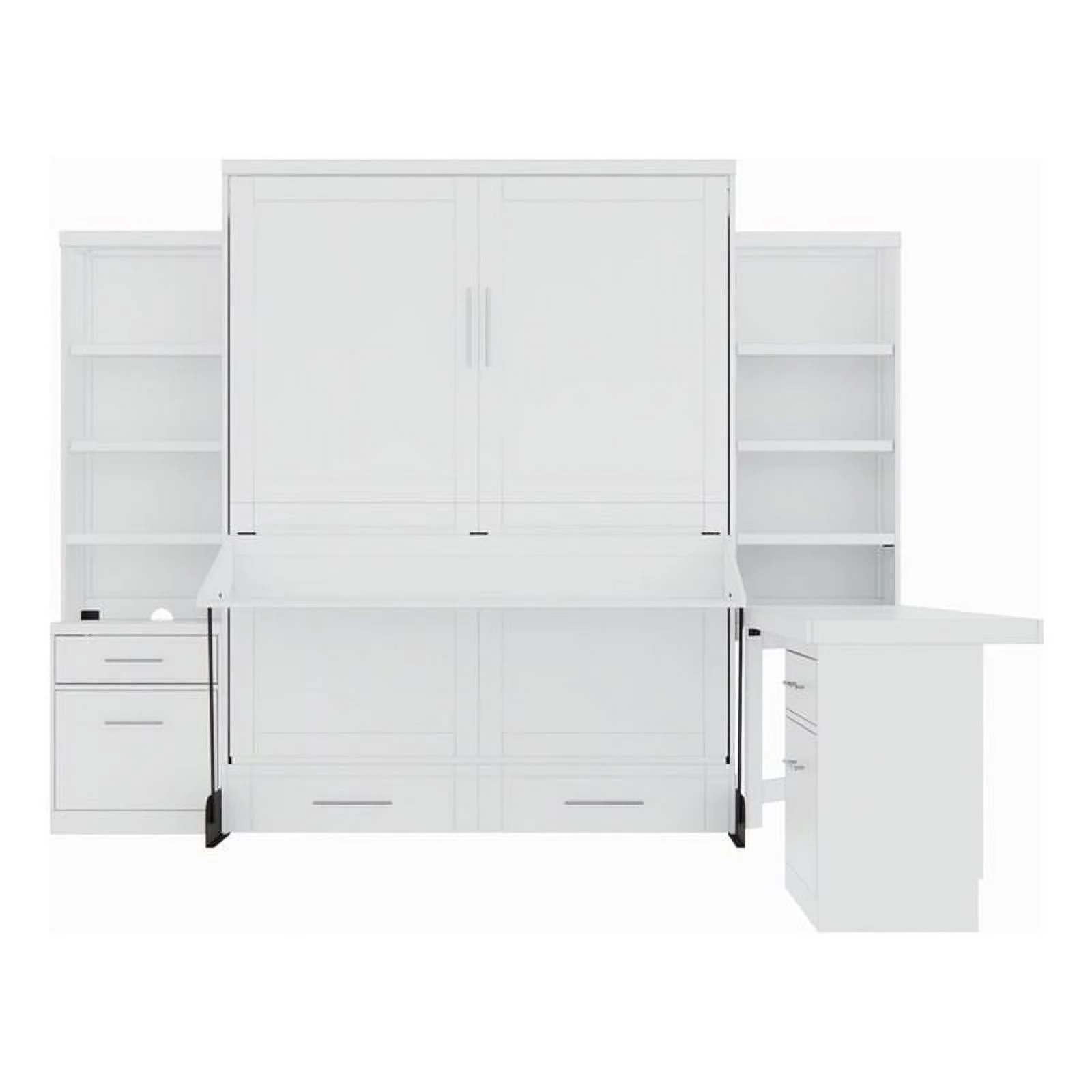 RoomAndLoft Queen Wood Murphy Wall Desk Bed & 2 Shelf Storage Units in White