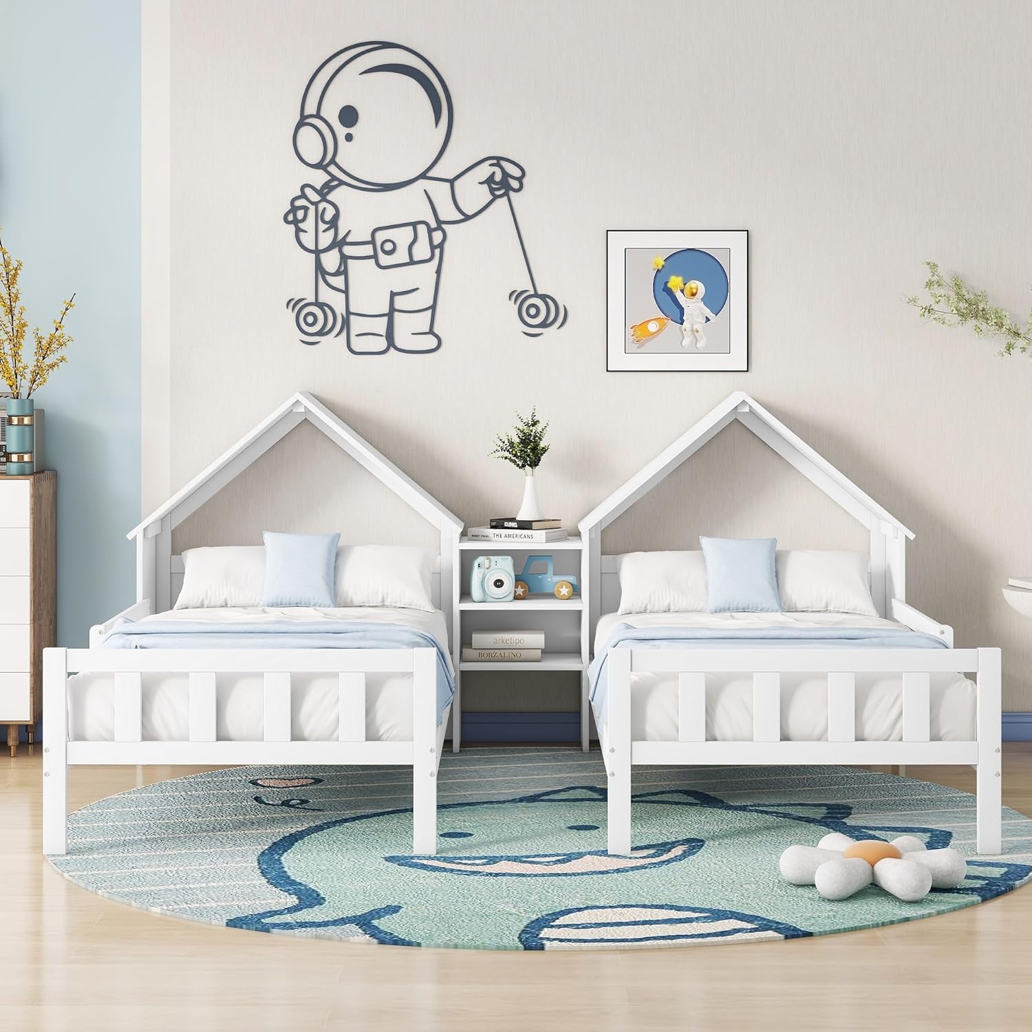 Double Bed Frames For Kids,Wood Double House Bed With House-Shaped Headboard And A Built-In Nightstand