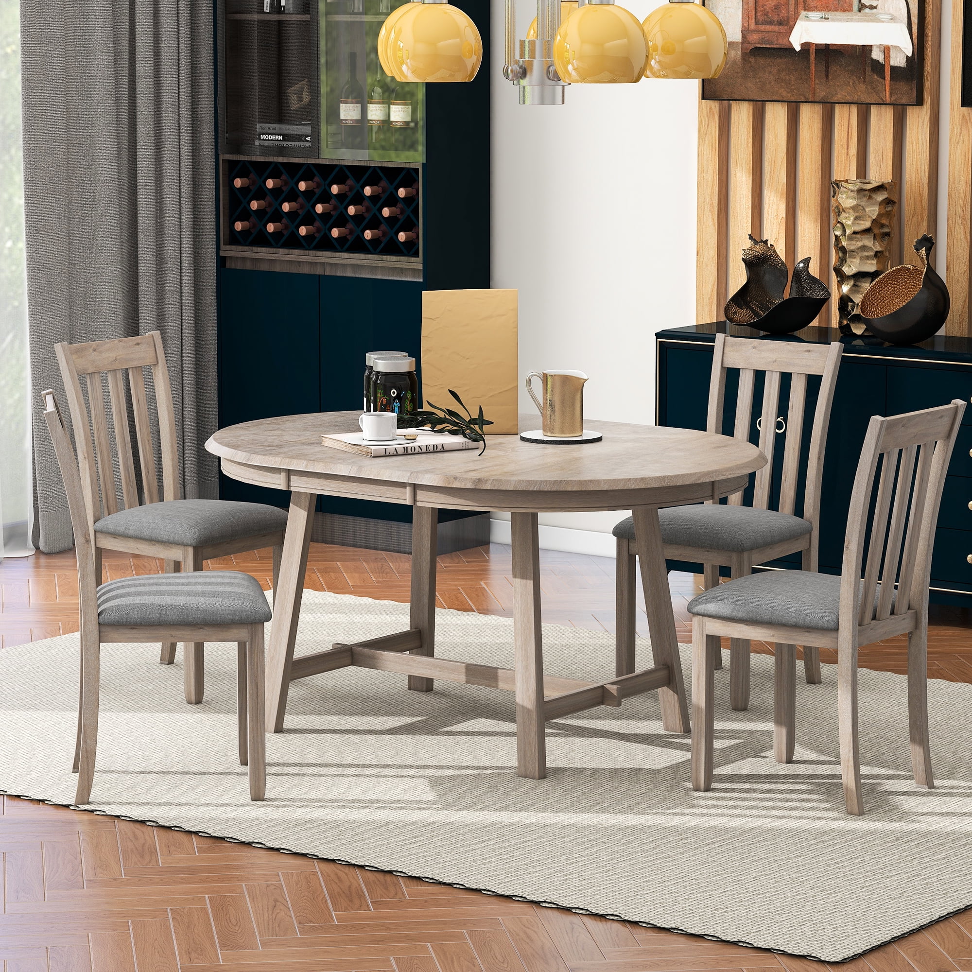 Besthome 5-Piece Wood Dining Table Set Round Extendable Dining Table with 4 Dining Chairs