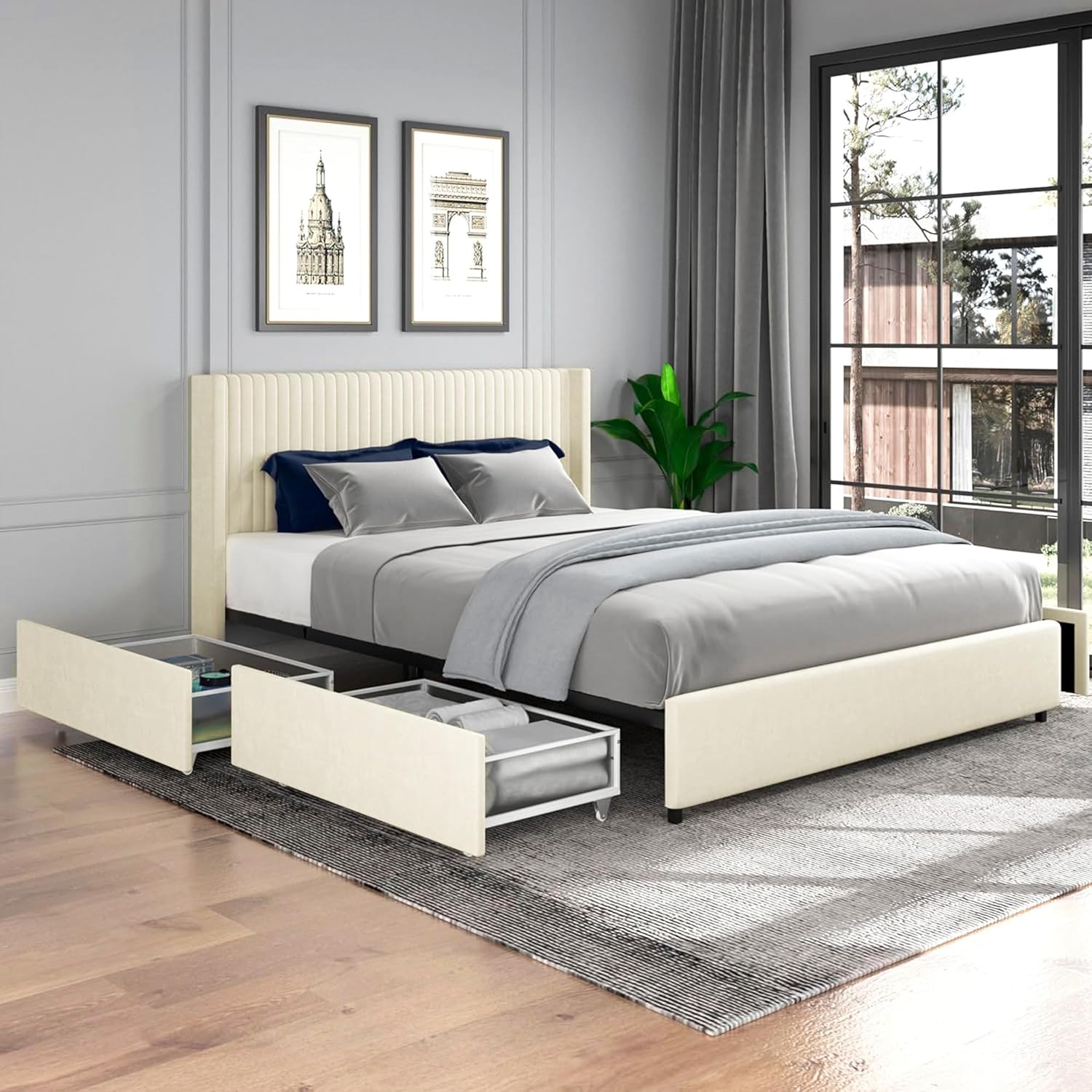 Dolonm Queen Size Upholstered Bed Frame, Platform Bed with Patented 4 Drawers Storage and Headboard, Button Tufted and Wingback Design