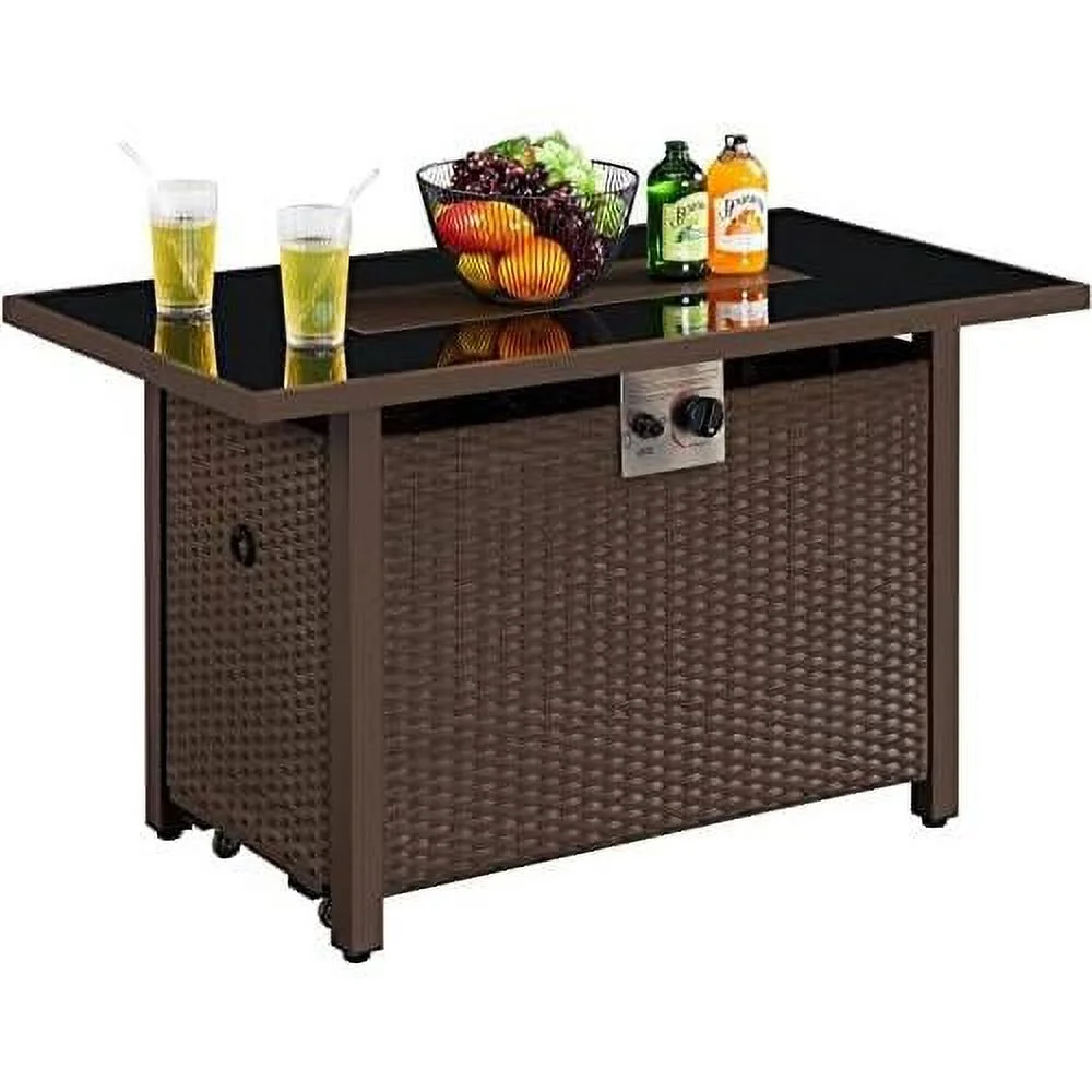 43 Inch Propane Table 50,000 BTU Wicker Gas With Lid, Tempered Glass , Fire Glass And Rain Cover, Outdoor Gas Fire Table For Patio Deck