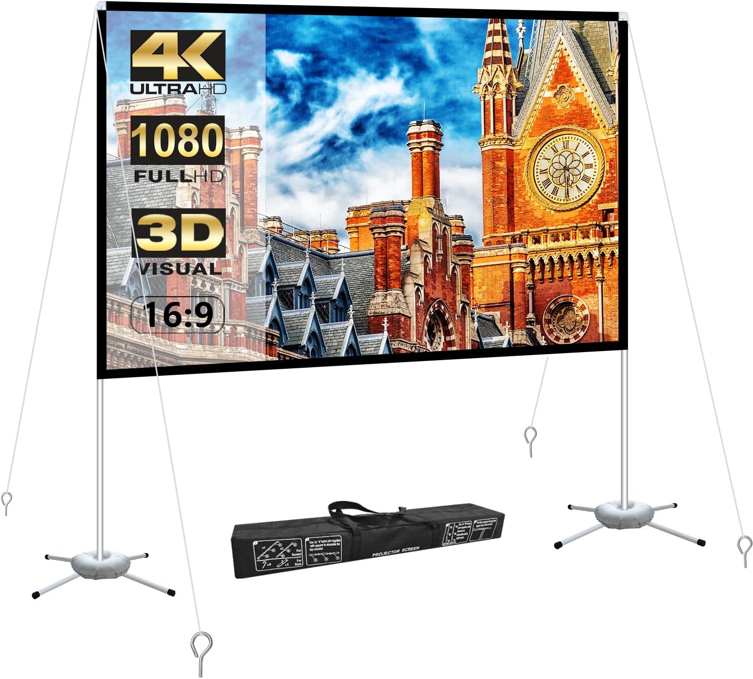WEDIOU 100 Inch Projector Screen and Stand Foldable HD 4K Outdoor with Carry Bag Movie for Theater Company Meeting Camping Backyard Indoor 16:9