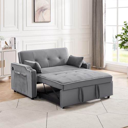 3 in 1 Convertible Sleeper Sofa Bed, Velvet Sofa Couch with Pull Out Bed