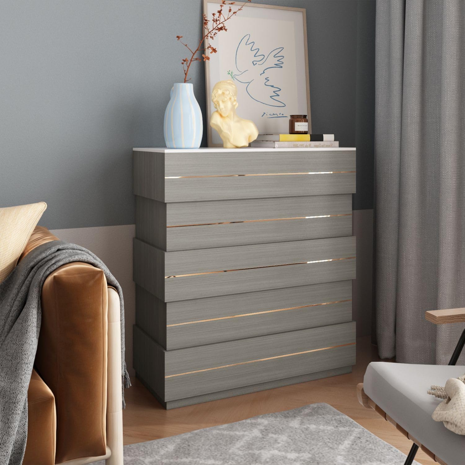 Chest of Drawers 5 Drawer Dresser with Gold Accents, Modern Dresser 5-Drawer Chest, Dresser for Bedroom Grey (35.4" W x 15.7“D x 37.5" H)