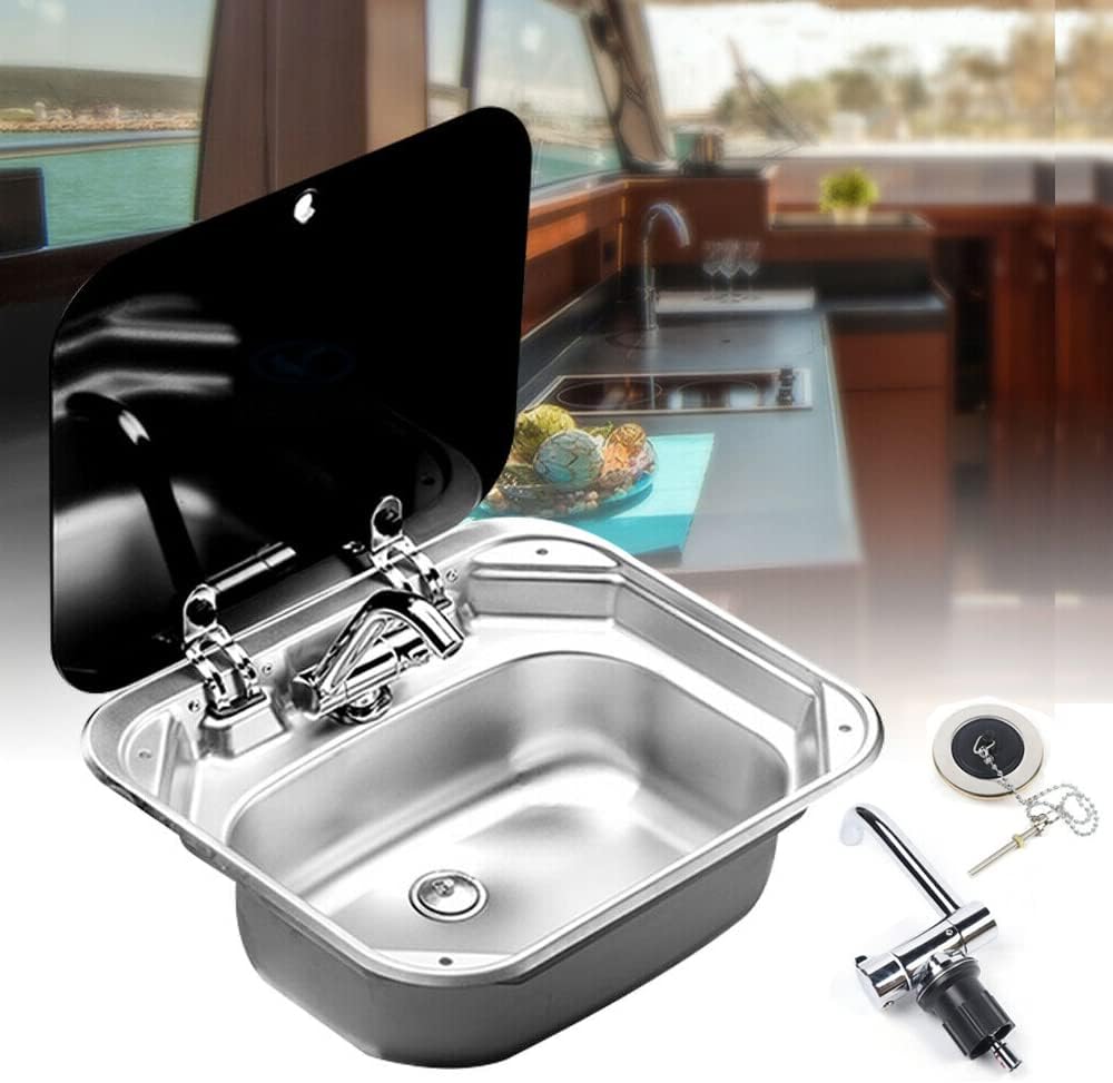 RV Caravan Sink, Stainless Steel Sink Hand Wash Basin Kitchen Basin Sink + Glass Lid+ Cold&Hot Faucet for Camper Boating Trailer Accessories