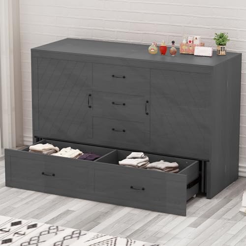 Mjkone Murphy Bed Cabinet,Built-in 3-Port Charging Station, 2 Storage Drawers, Foam Mattress, Queen Size Solid Wood Bed Cabinet