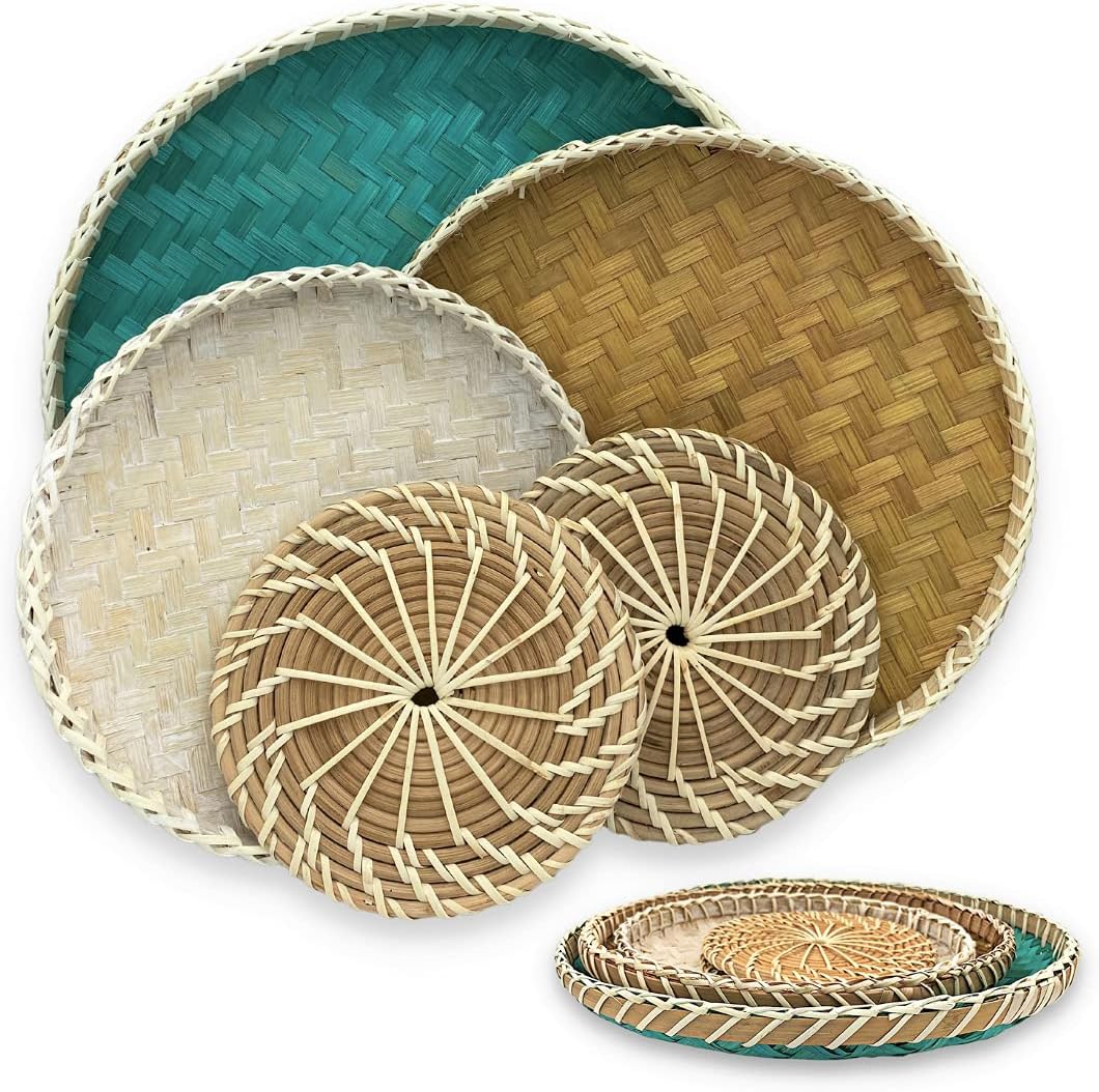 Wicker Wall Decor - Bamboo Wall Basket Decor Boho Flat - Woven Basket Wall Decor Set of 5 - Flat Baskets for Wall