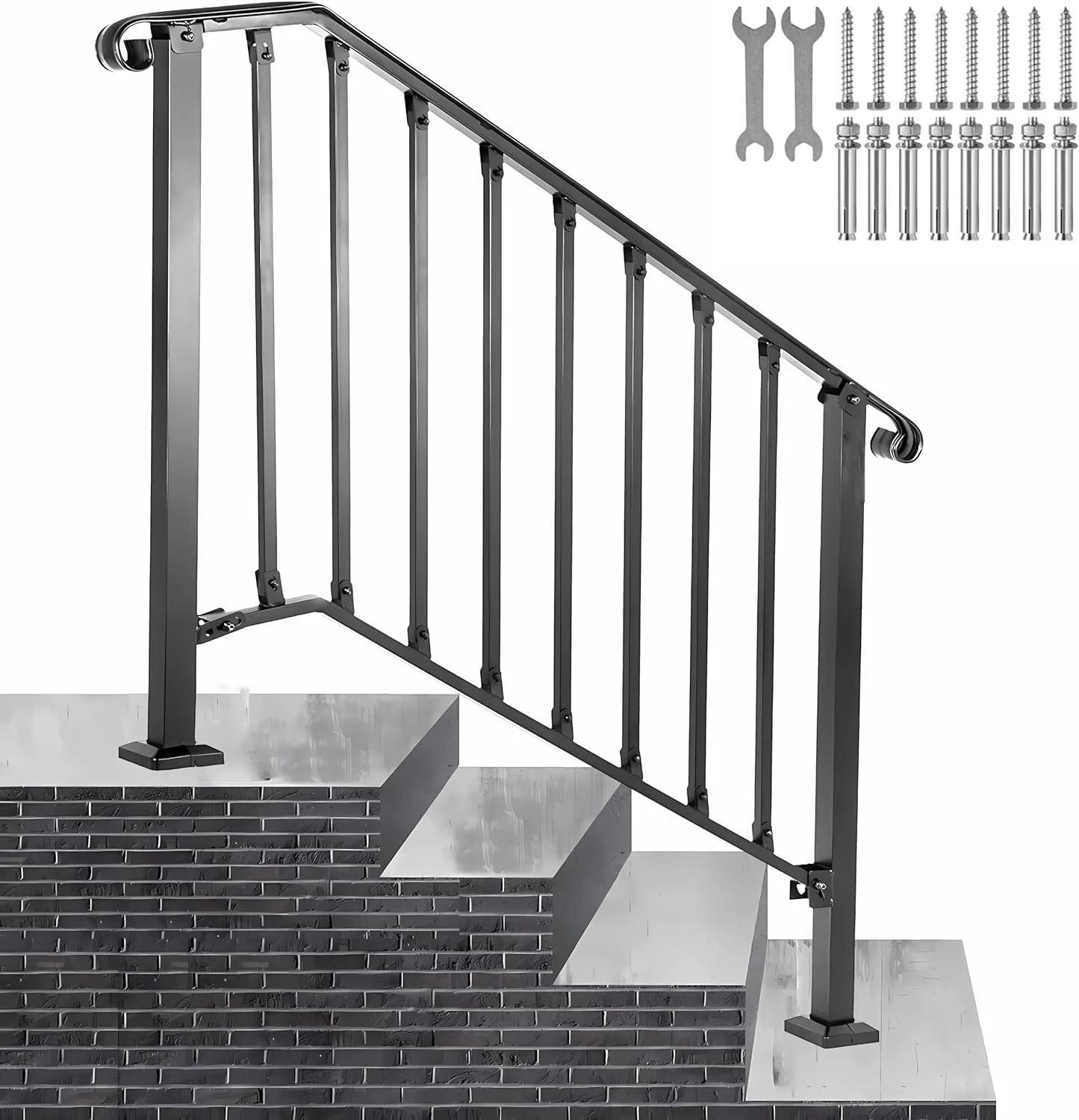 OUWI Handrails for Outdoor Steps Fits 1 to 4 Steps Outdoor Stair Railing，Staircase Handrail Fits with Installation Kit Transitional Handrail for