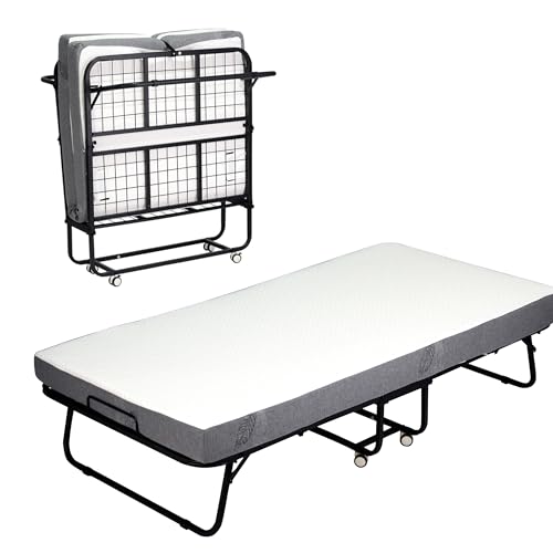 Folding Bed, Portable Foldable Bed with Mattress, 75"x 38" Rollaway Bed Guest Bed for Adults, Fold up Bed with Sturdy Metal Frame& Wheels