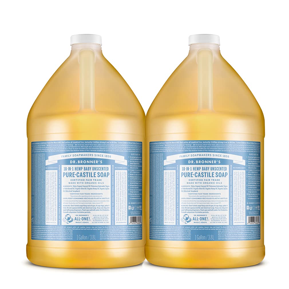 Dr. Bronner's - Pure-Castile Liquid Soap (Baby Unscented, 1 Gallon, 2-Pack) - Made with Organic Oils, 18-in-1 Uses: Face, Hair, Laundry and Dishes