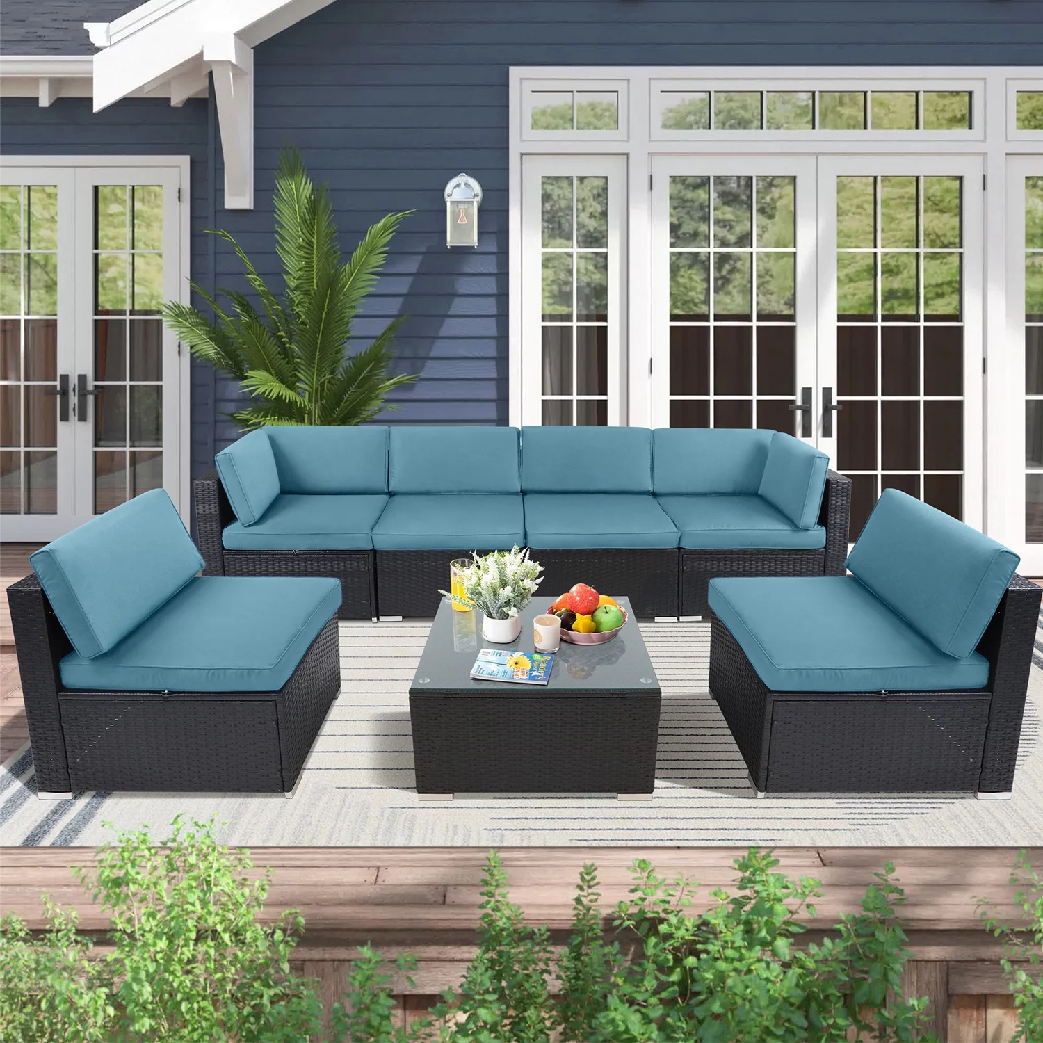 SUNCROWN 7-Pieces Outdoor Sectional Sofa Set Wicker Patio Furniture Conversation Set with Haze Blue Cushions - Radiant Selections