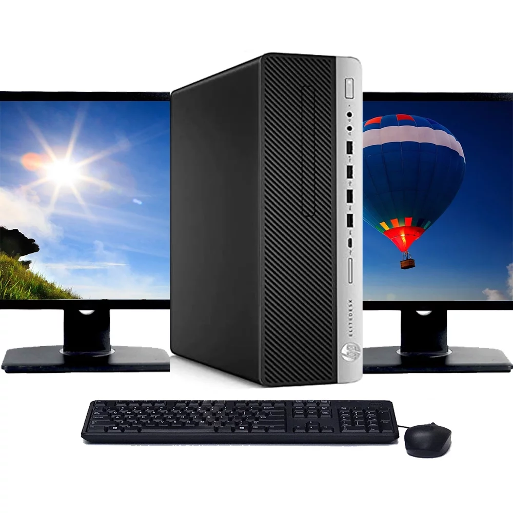 Restored HP ProDesk 800 G3 Desktop Computer , Intel i5 CPU, 240GB SSD, 16GB RAM, WIFI, Dual 19" LCD Monitors with Windows 10 Pro and S6 Sound Bar