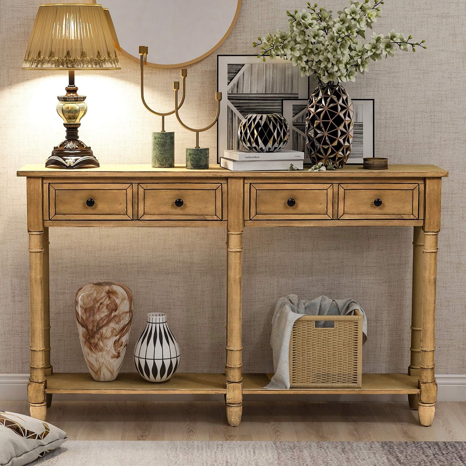 Farmhouse Console Sofa w/Two Storage Drawers & Bottom Shelf, Classic Solid Wood Entryway-Table for Living Room Bedroom Hallway, Easy to Assemble