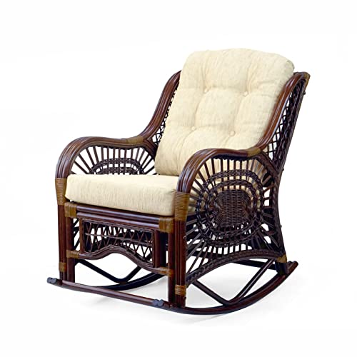 Malibu Rocking Handmade Lounge Chair ECO Natural Wicker Rattan Natural Color with Cream Cushion, INDOOR ONLY