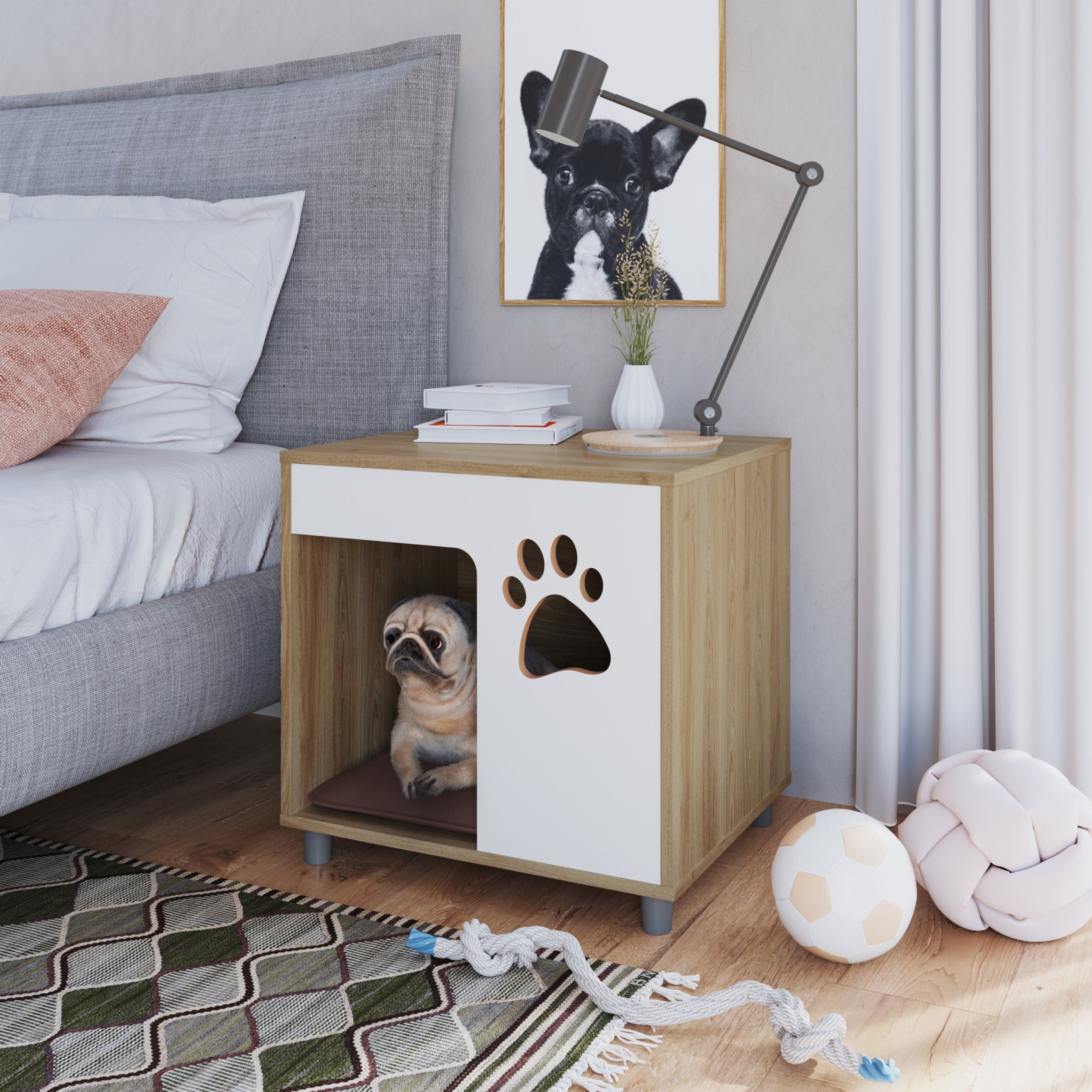 Cat and Dog End Table Pet Bed with Brown Faux Leather Cushion
