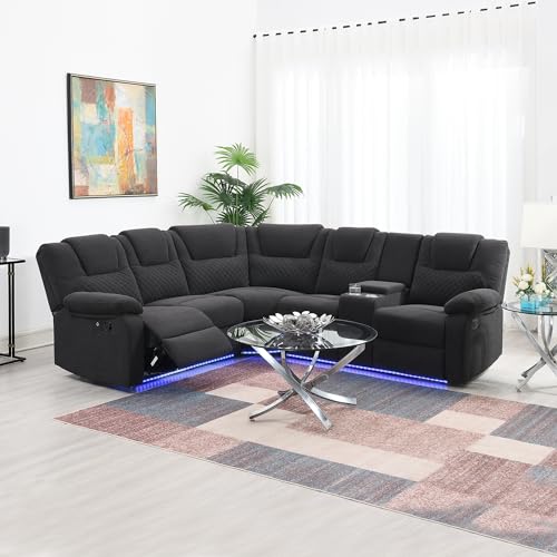 94'' L-Shaped Couch Sectional Sofa Couch, Manual Power Reclining Sectional Couch with LED Light and Storage Box