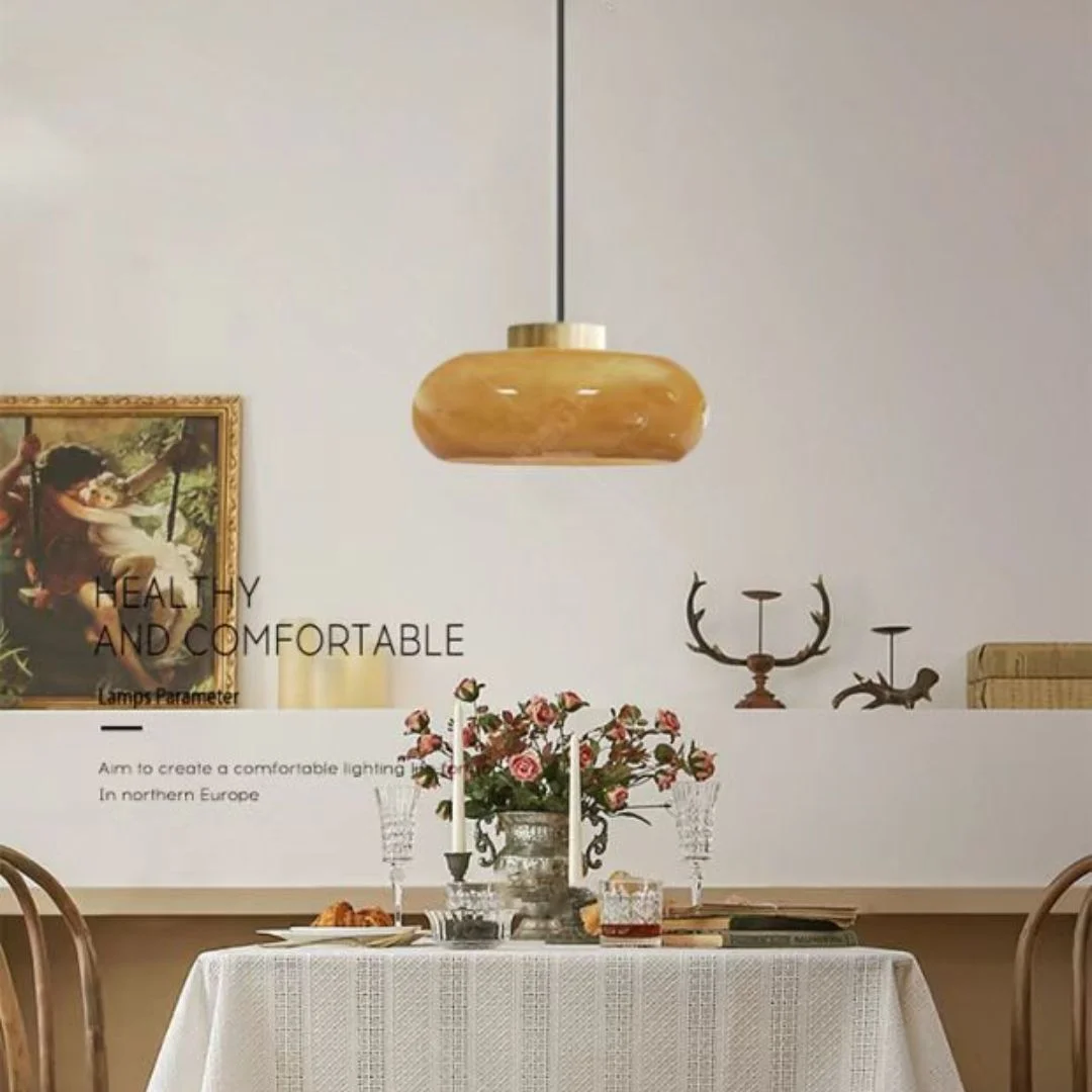 Arturesthome Ceiling Light Fixture Glass Lampshade Pendant Light with Brass Cover Amber Glass Hanging Lamp Vintage Yellow Glass Semi Flush Mount