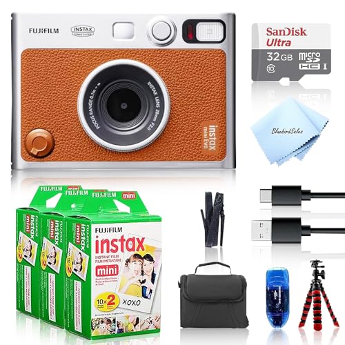Fujifilm Instant Mini EVO Hybrid Camera (Black) Bundle with 60 Instant Film Sheets + 32GB Memory Card + Small Padded Case + SD Card Reader + Flex