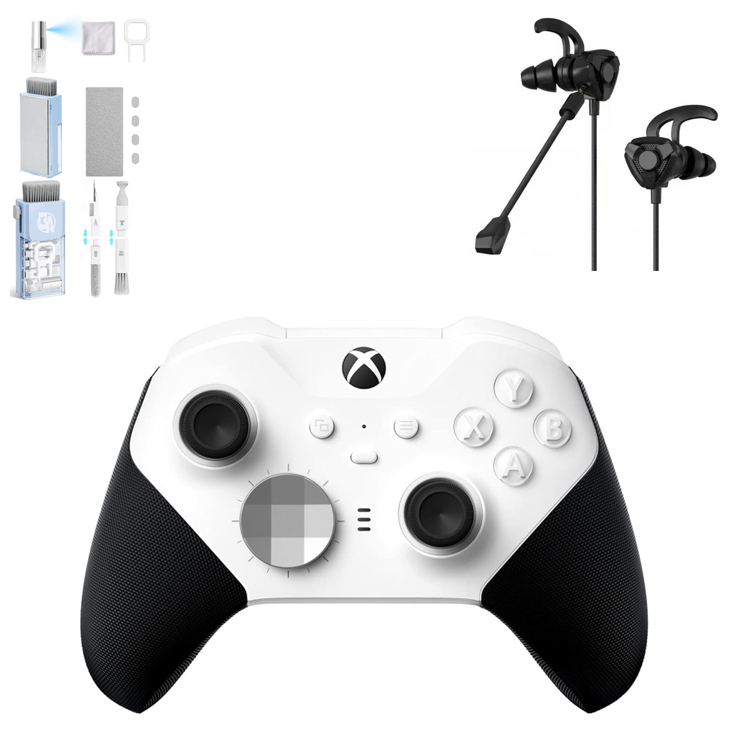 Xbox Elite Series 2 Wireless Gaming Controller White For Xbox Console With Black Gaming Buds + Cleaning Kit BOLT AXTION Bundle Like New