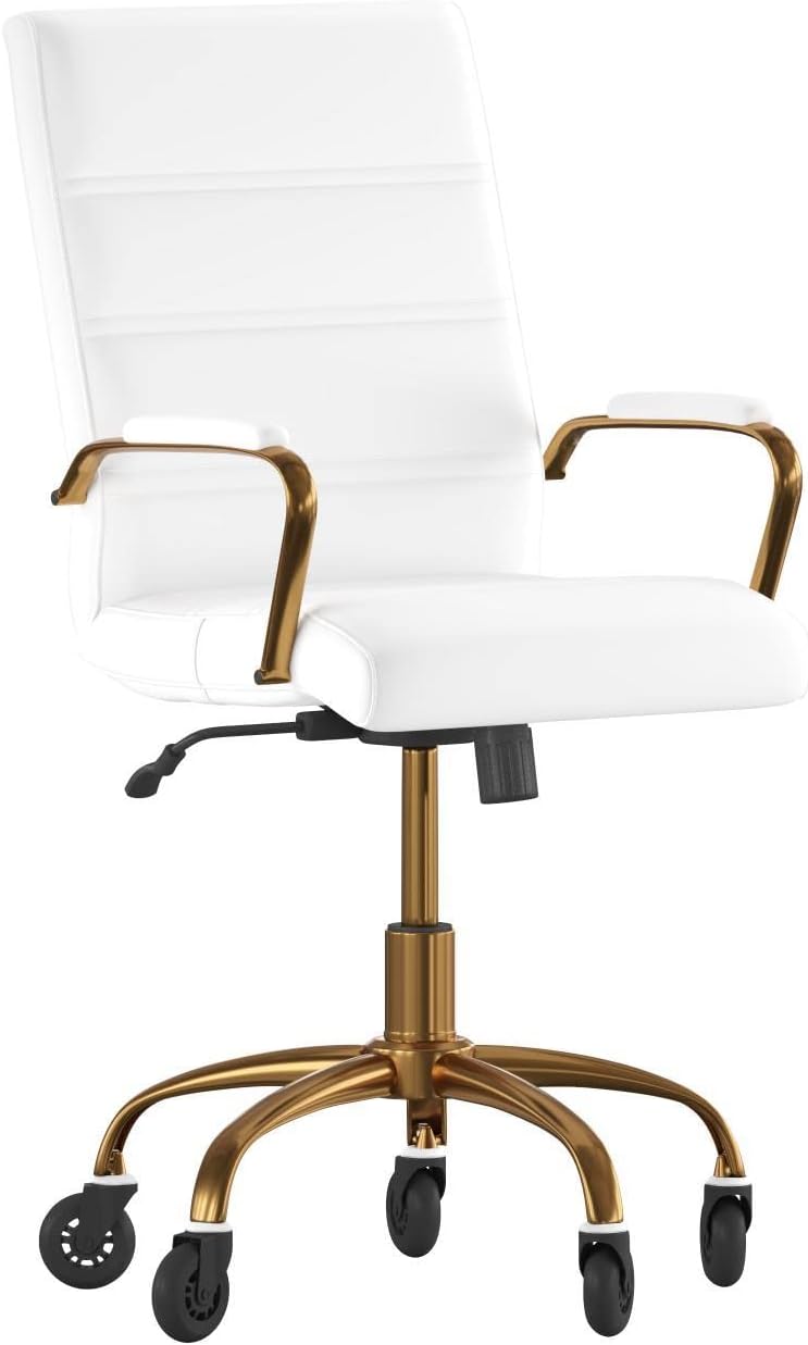 Flash Furniture Camilia Mid-Back Executive Swivel Office Chair with Gold Frame, Arms, and Transparent Roller Wheels, 24", White LeatherSoft