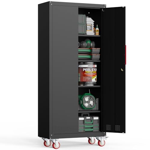 Metal Garage Storage Cabinet, Tall Garage Cabinets with 5 Adjustable Shelves, Steel Tool Storage Cabinet with Wheels