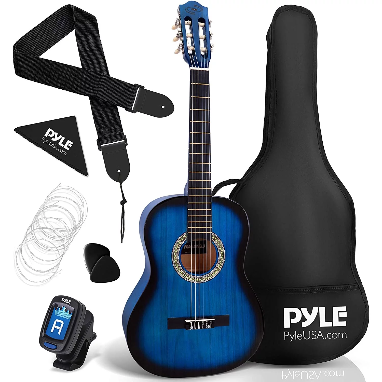 Pyle 36 Inch 6 String Classic Acoustic 3/4 Scale Guitar w/ Digital Tuner, Blue - Curated Treasures Market