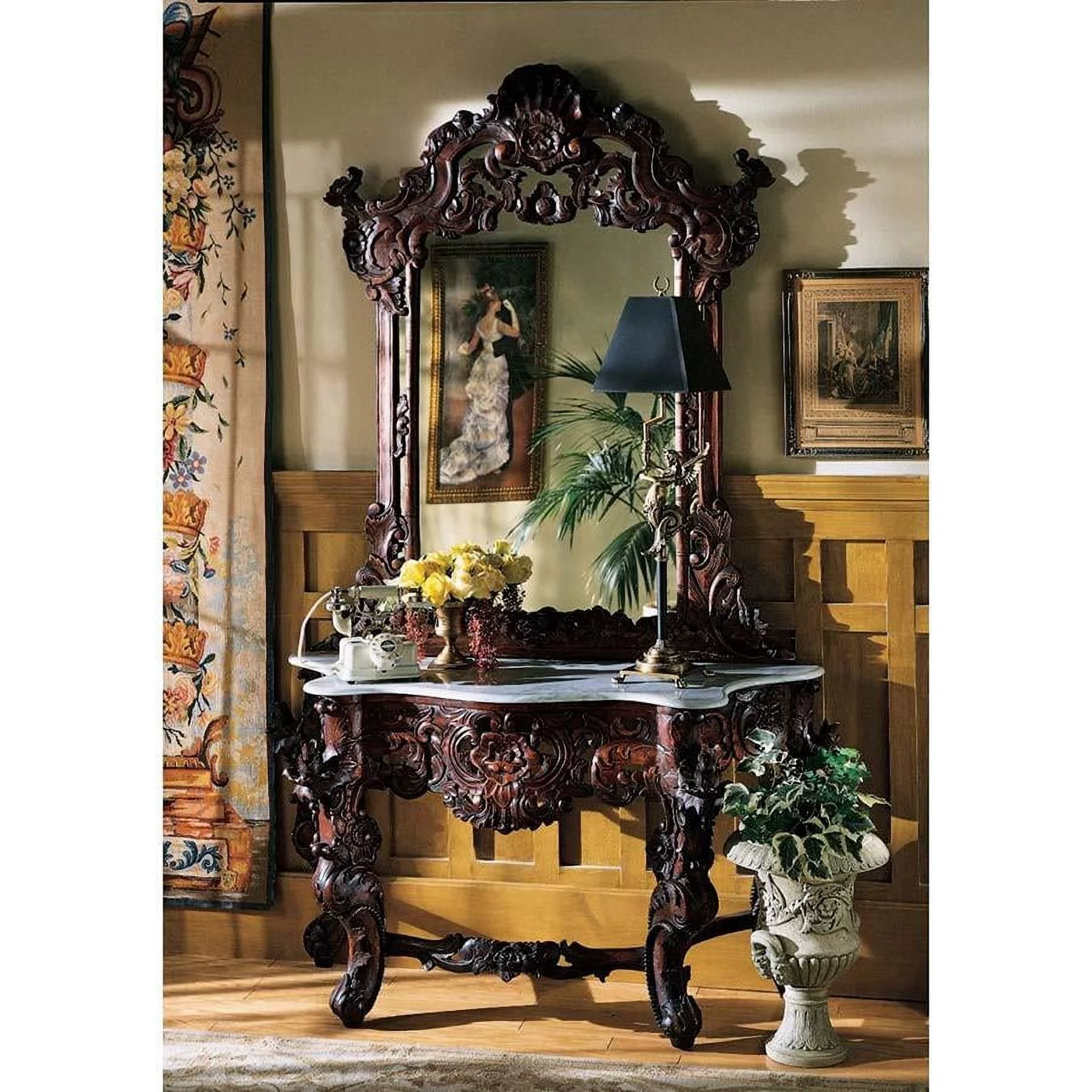 Hand-Carved Solid Mahogany Antique Replica Hapsburg Mirror Topped Console Table