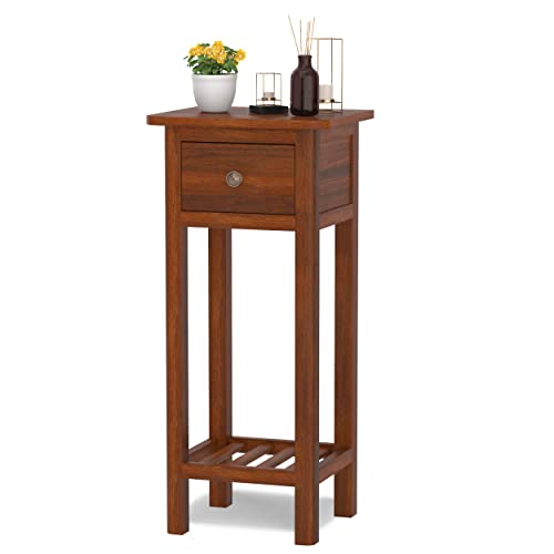 GORELAX Narrow End Table, Tall Nightstand with Drawer & Shelf, Small Bedside Table w/Anti-Tipping Device, No Assembly