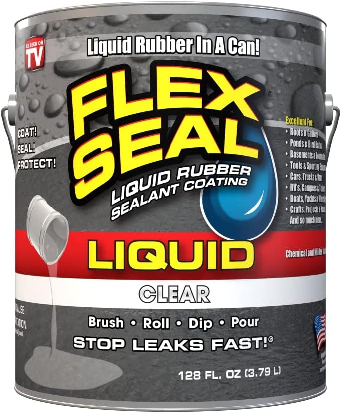 Flex Seal Liquid, 1 Gallon, Clear, Liquid Rubber Coating Sealant, Waterproof, Flexible, Breathable, and UV Resistant, Roof Repair, Basements, RV