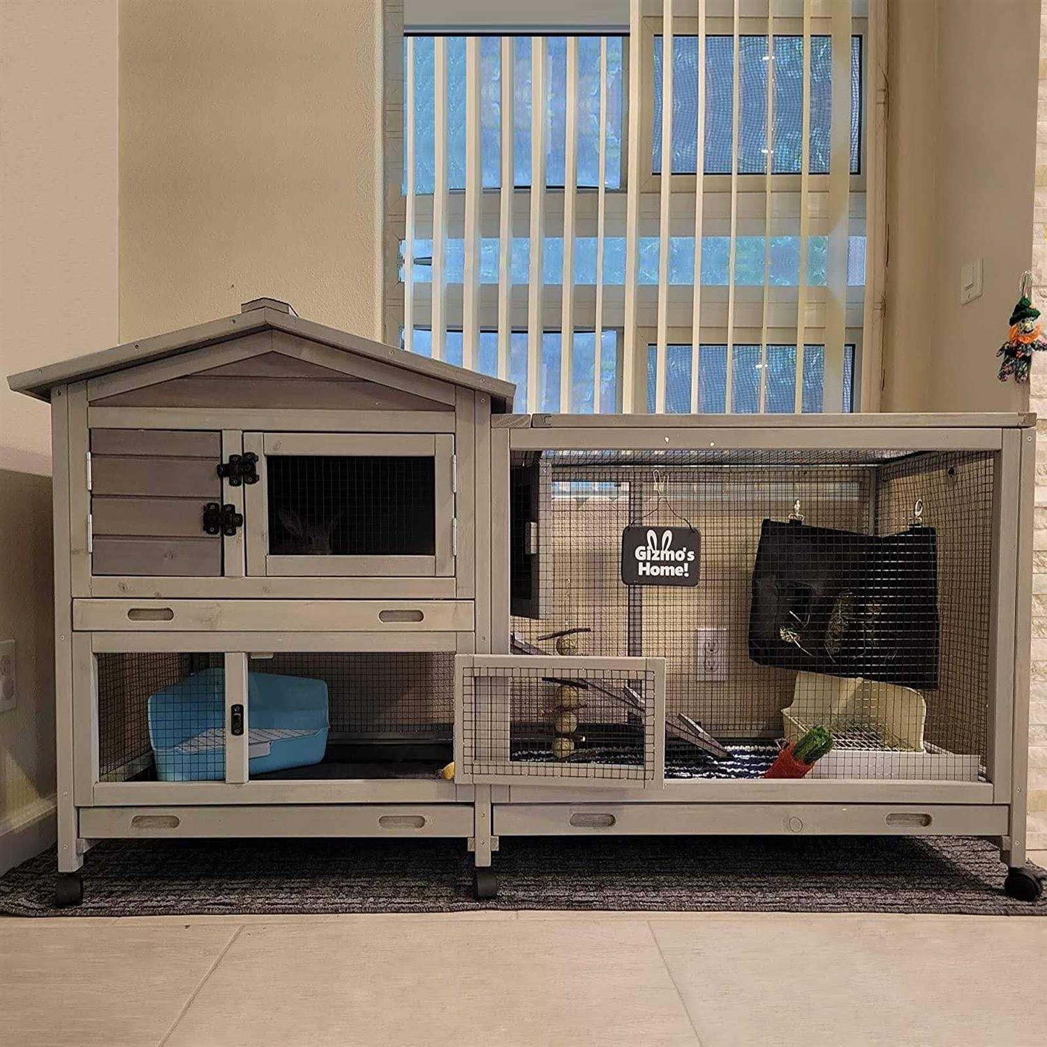 GUTINNEEN Bunny Cage Indoor and Outdoor Rabbit Hutch with Casters Waterproof Roof, Pull Out Tray from Back and Front - Pet Supplies online store