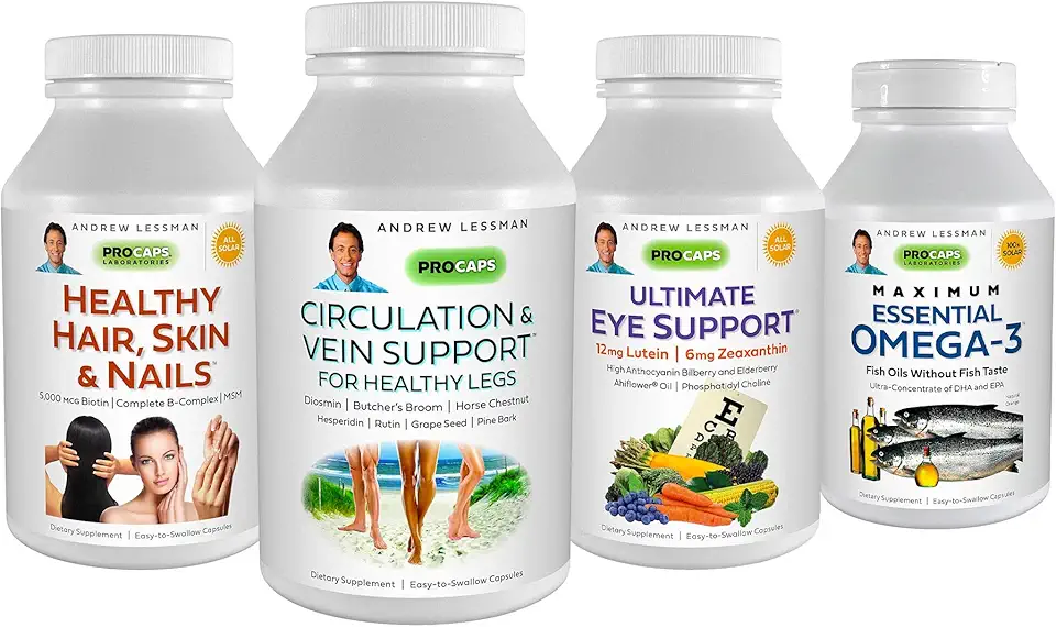 ANDREW LESSMAN 4 Product Customer Favorites Bundle – 30 Count Each of Circulation & Vein Support, Healthy Hair, Skin and Nails, Ultimate Eye Support