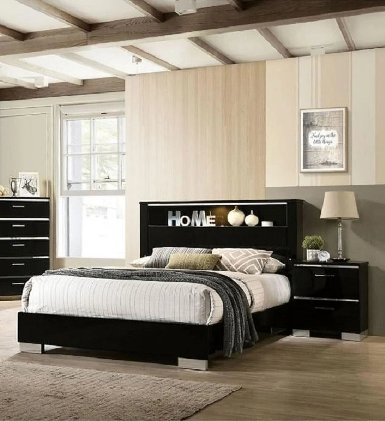 Contemporary Black Solid Wood King Bedroom Set 3pcs FOA FOA7039 Carlie