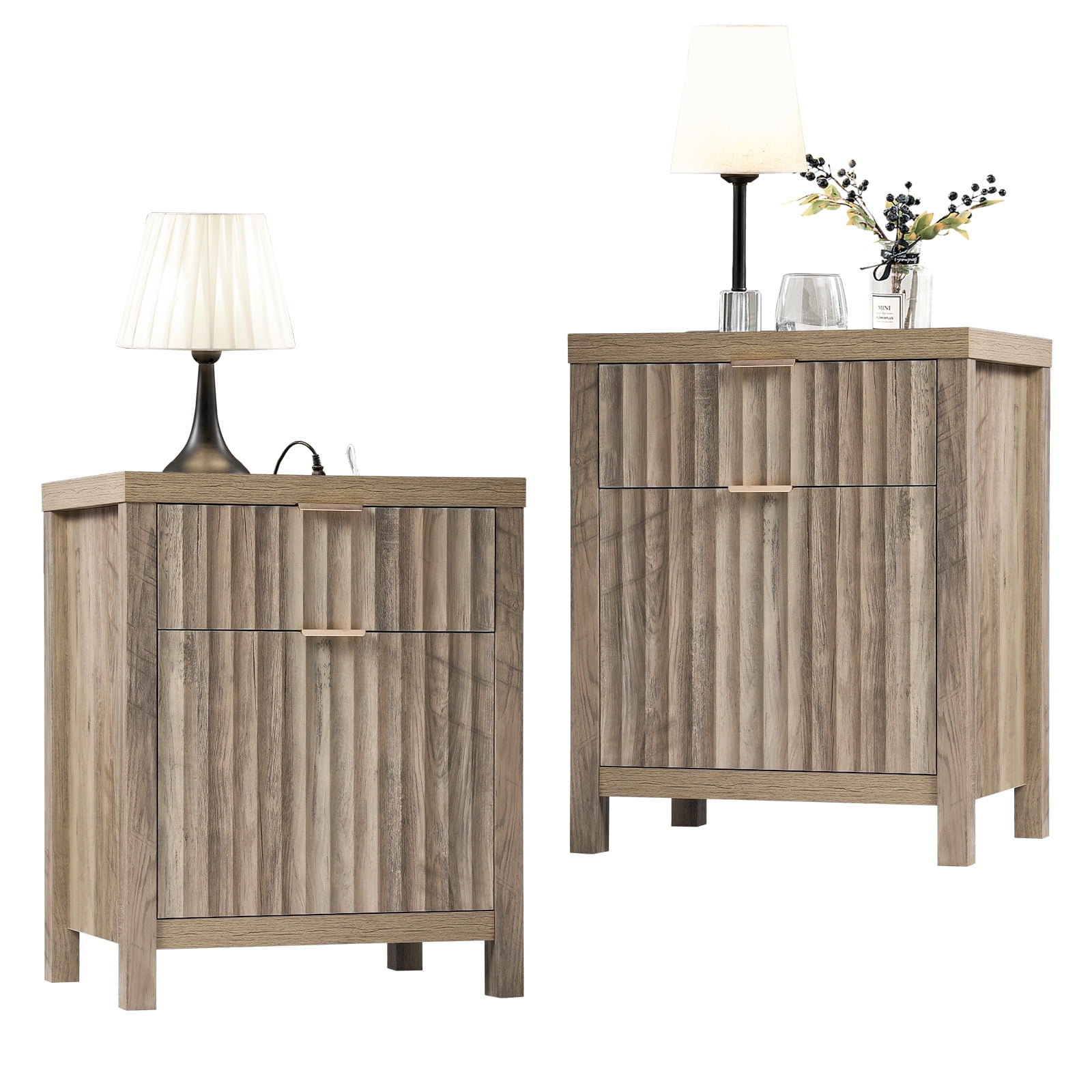 OAKHAM Set of 2 Nightstands with Charging Station and 2 Drawers - Farmhouse Bedside Tables, End Tables for Bedroom, Living Room, Sunwashed Ash Oak