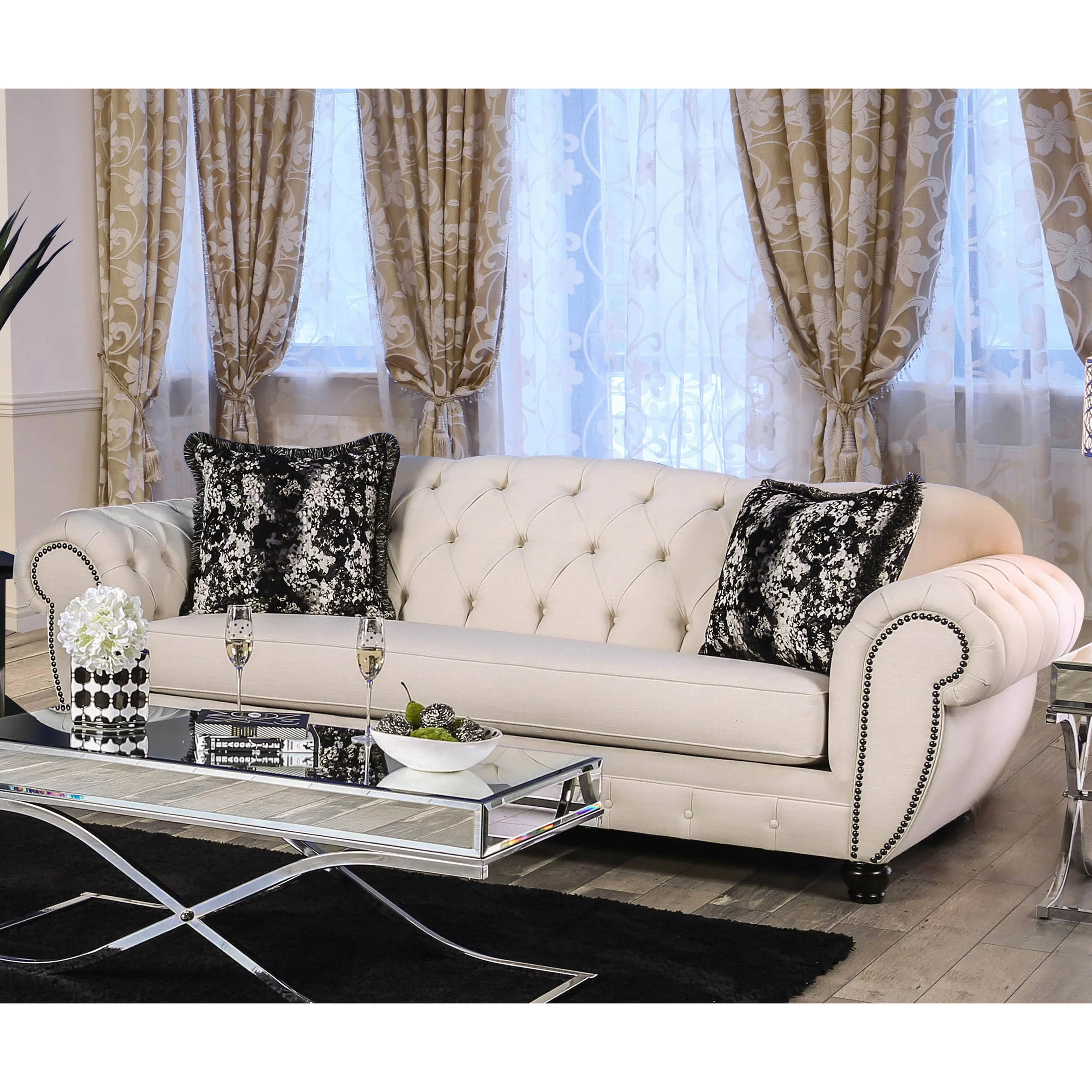 Furniture of America Cury Glam Beige Fabric Upholstered Tufted Nailhead Trim Sofa by
