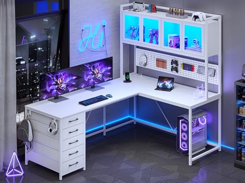 SEDETA L Shaped Gaming Desk with Drawers, L Shaped Computer Desk with Hutch and Storage Shelves, Gaming Desk with Pegboard, Led Lights