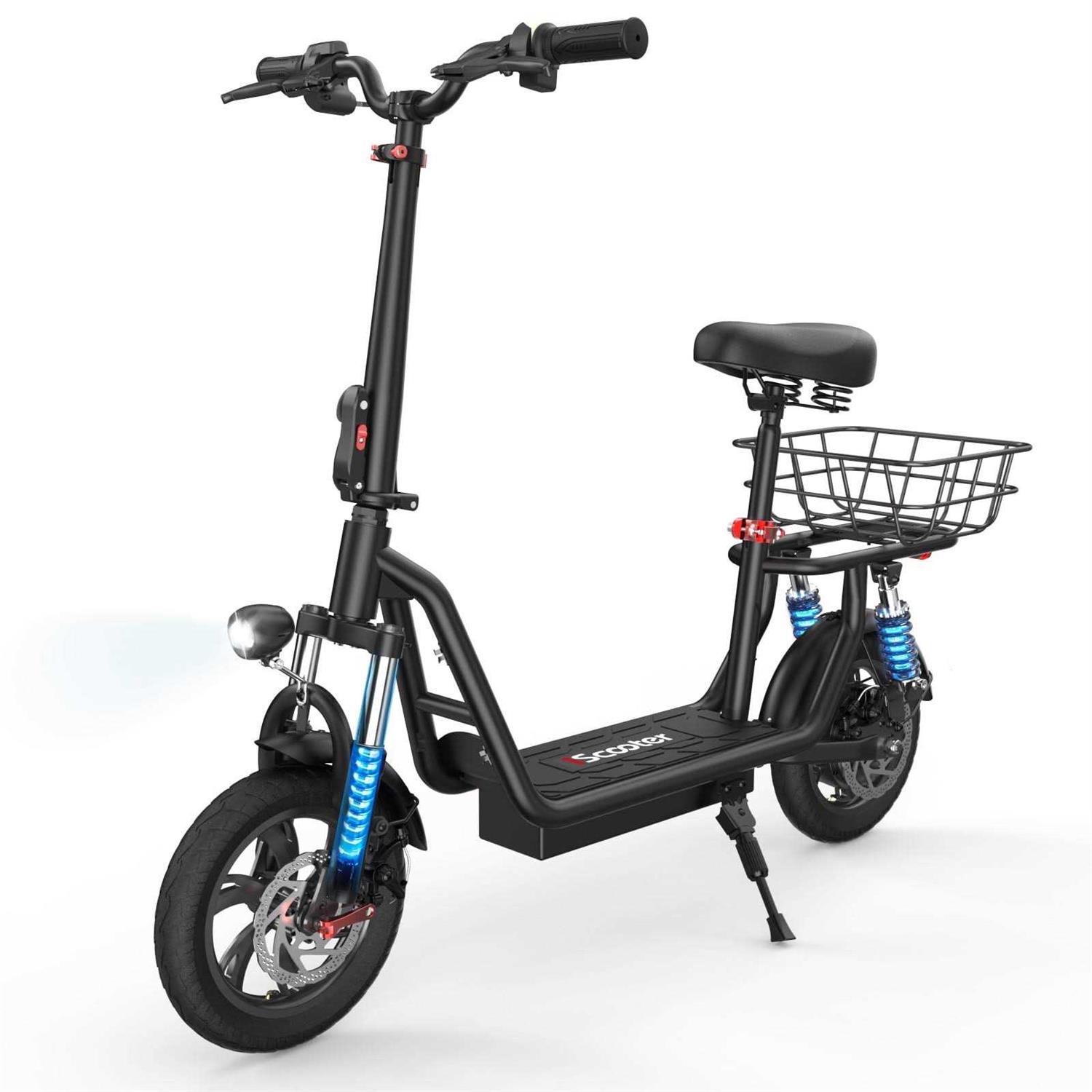 Iscooter 500w Electric Scooter with Seat for Adult, 12 inch Commuter Electric Scooter with Dual Shock Absorbers and Basket