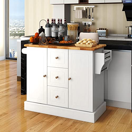 Kitchen Island, Rolling Cart with 3 Drawers, 2 Cabinets, Spice Rack & Towel Handle, Large Kitchen Carts on Wheels with Storage