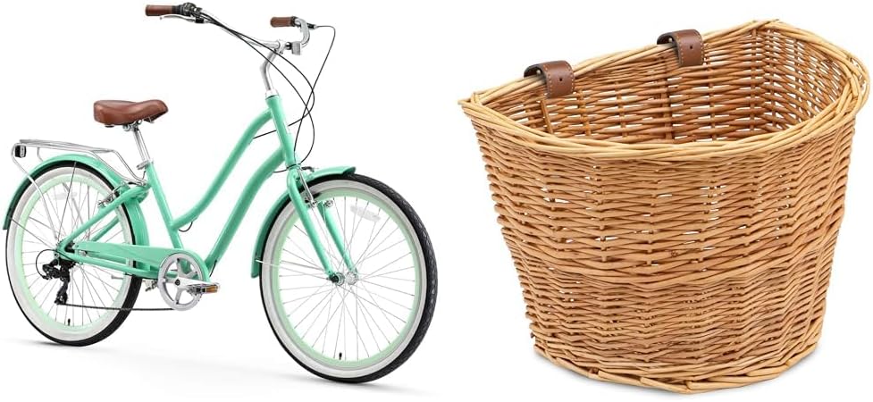 sixthreezero EVRYjourney Women's 7-Speed Beach Cruiser Bike with ProsourceFit Wicker Front Basket for Cruising and Commuting