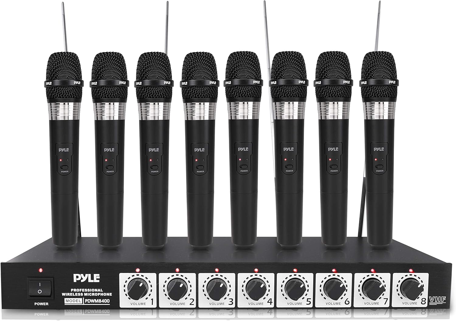 Pyle VHF Wireless System-Rack Mountable 8 Channel Cordless Set w/ 8 Handheld Microphones, Mixed 1/4" Outputs-DJ, Karaoke