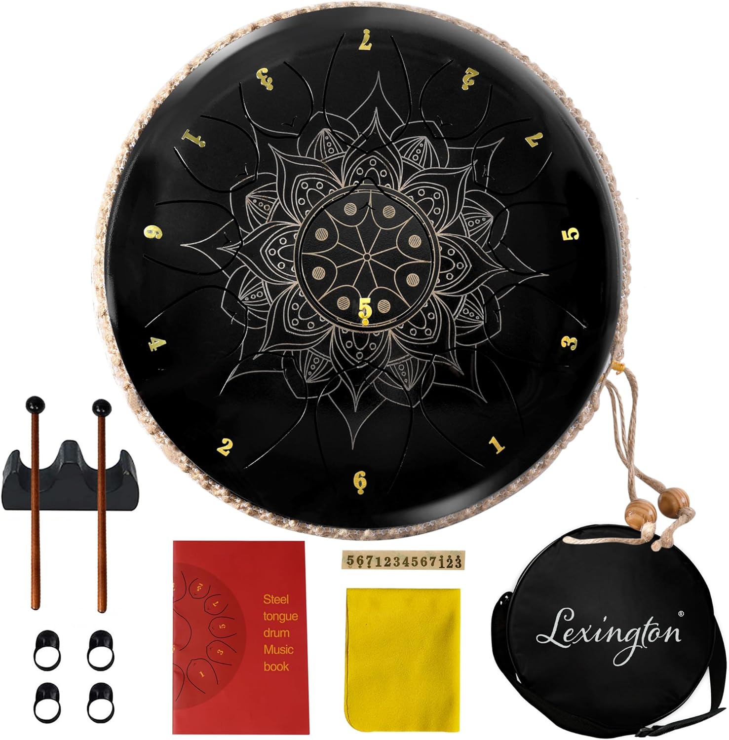 Lexington Steel Tongue Drum Kit C Major with Lotus Pattern, 13 Notes 12 Inches Percussion Instrument, Hand Pan Drums with Music Book