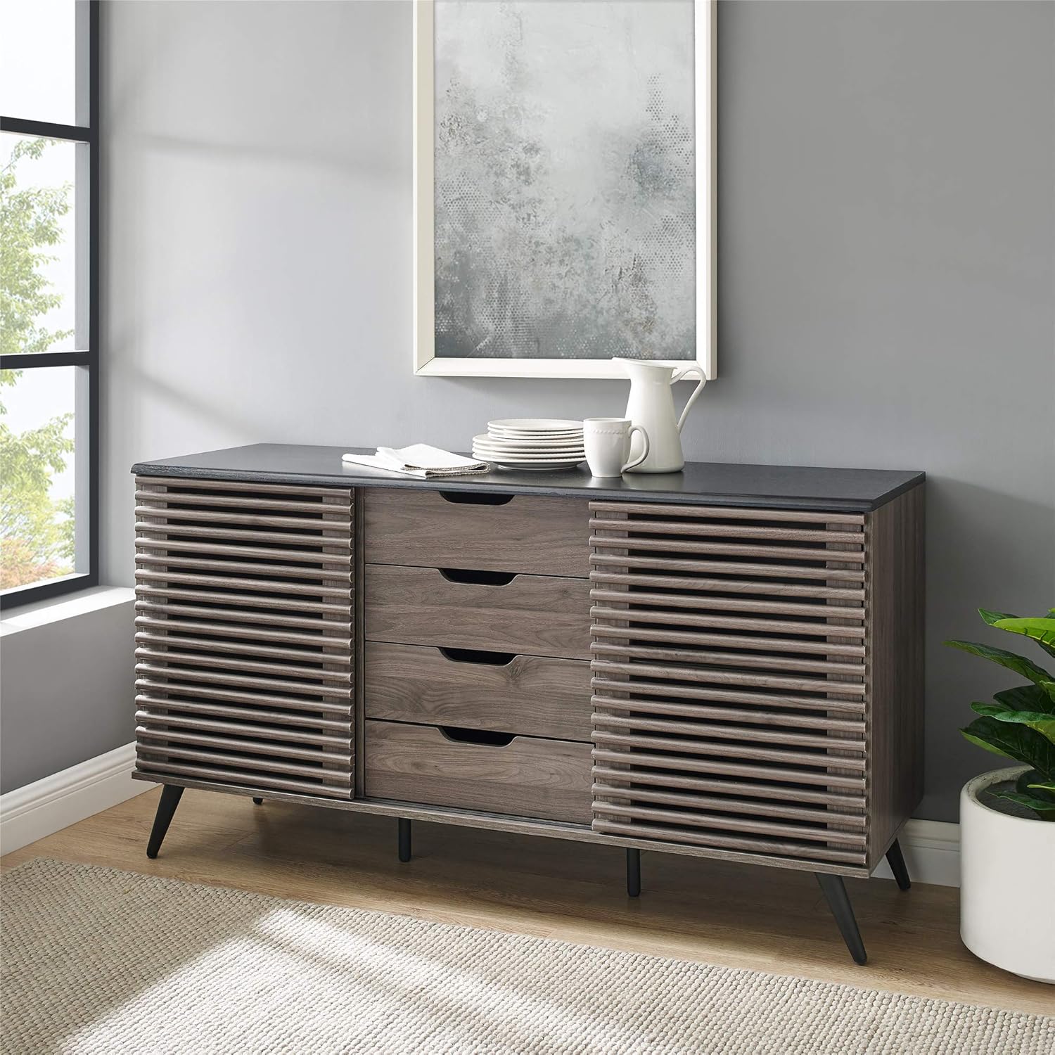 Walker Edison Modern 4 Drawer Sliding Door Wood Cabinet Buffet Entryway Serving Storage Cabinet Doors Dining Room Console, 59 Inch